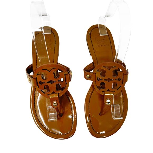 TORY BURCH Tan Caramel Patent Leather Miller Classic Designer Logo Sandals 7.5 - Picture 2 of 8